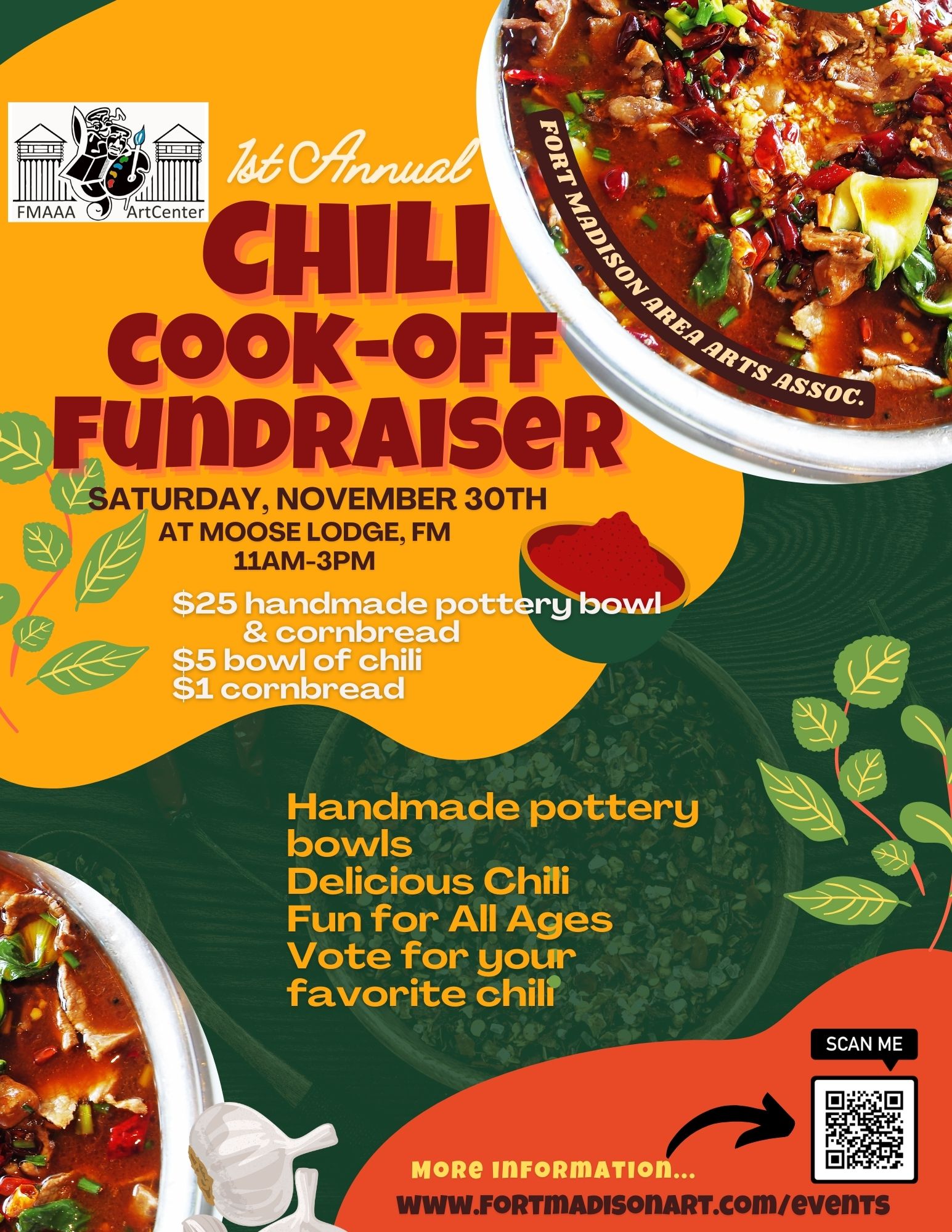 Get your unique pottery bowl handcrafted by an FMAAA Artist and test out some excellent chili crafted up for this unique new event.